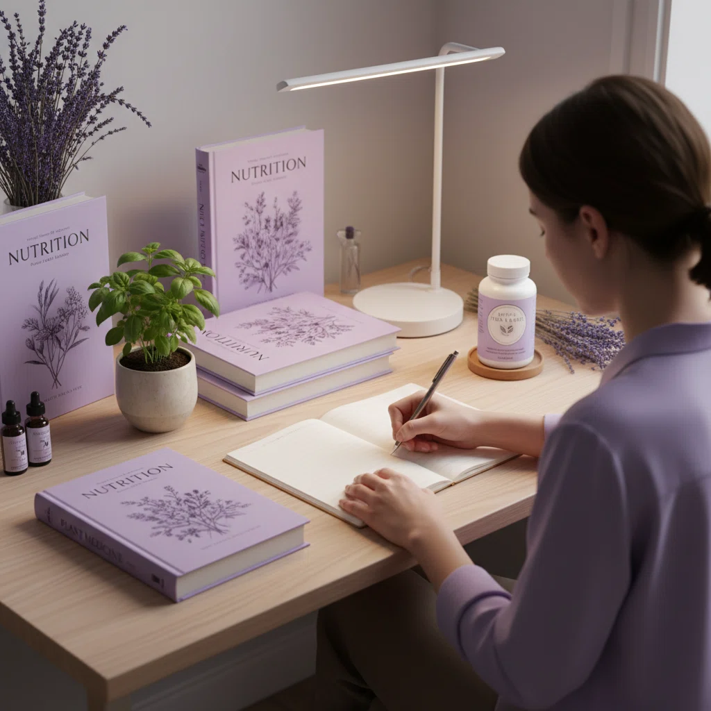 Anonieme persoon van achteren, schrijvend aan bureau met boeken over plantaardige voeding