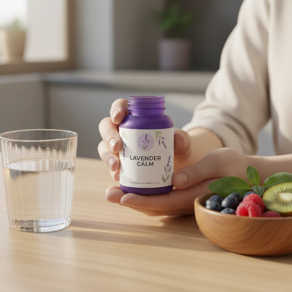 Handen houden Ozalyn fles vast bij ontbijttafel met glas water en vers fruit